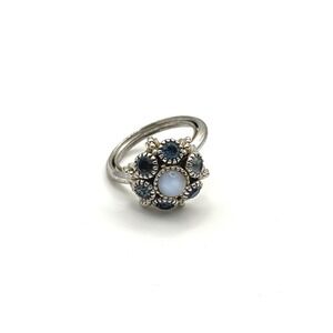Vintage Avon Blue Rhinestone White Cabochon Floral Adjustable Statement Ring